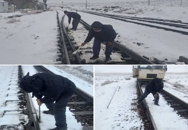 برف‌ روبی و یخ‌ زدایی سوزن‌ ها ریل راه آهن قم 
